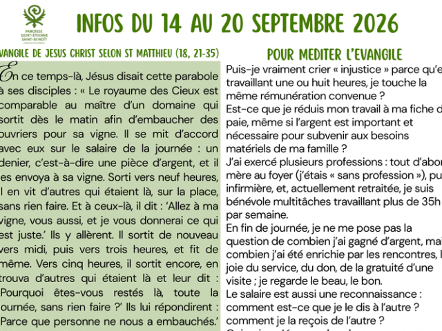Infos du 14 Septembre au 20 Septembre 2026