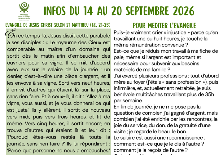 Infos du 14 Septembre au 20 Septembre 2026 preview