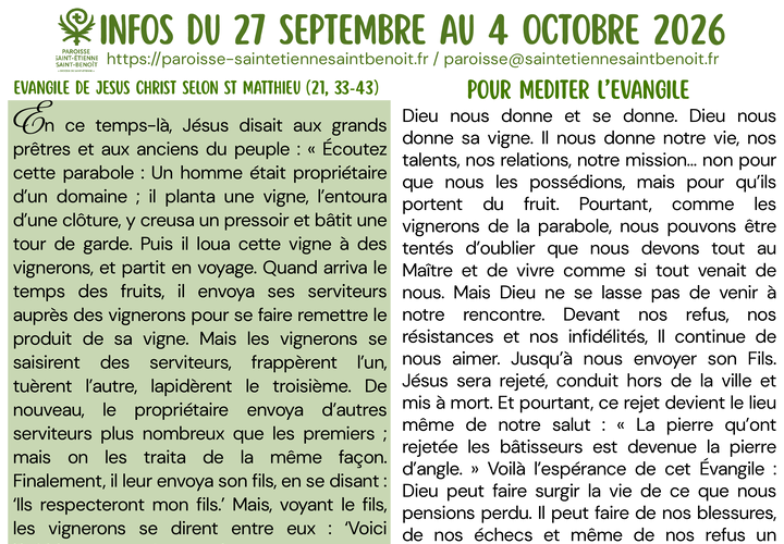 Infos du 26 Septembre au 2 Octobre 2026 preview