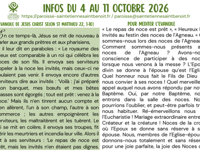 Infos du 4 Octobre au 11 Octobre 2026