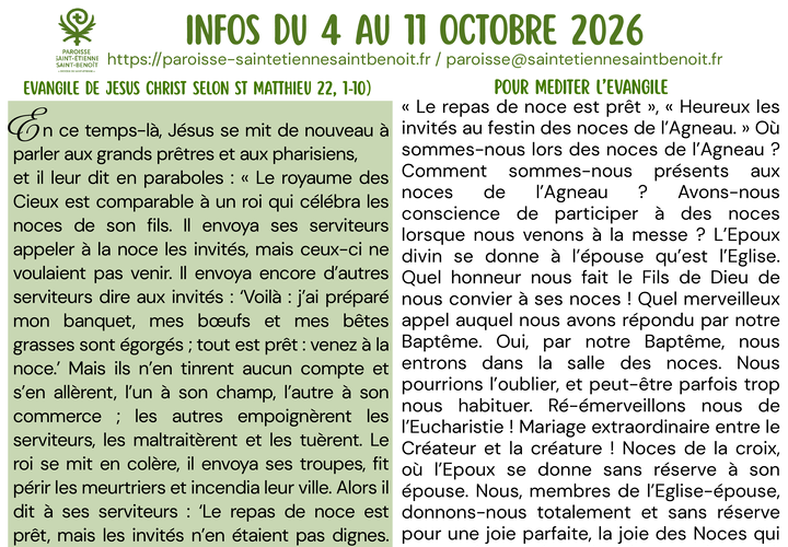 Infos du 4 Octobre au 10 Octobre 2026 preview