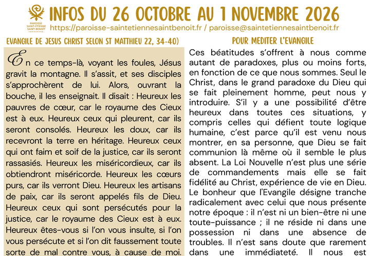Infos du 26 Octobre au 1 Novembre 2026 preview